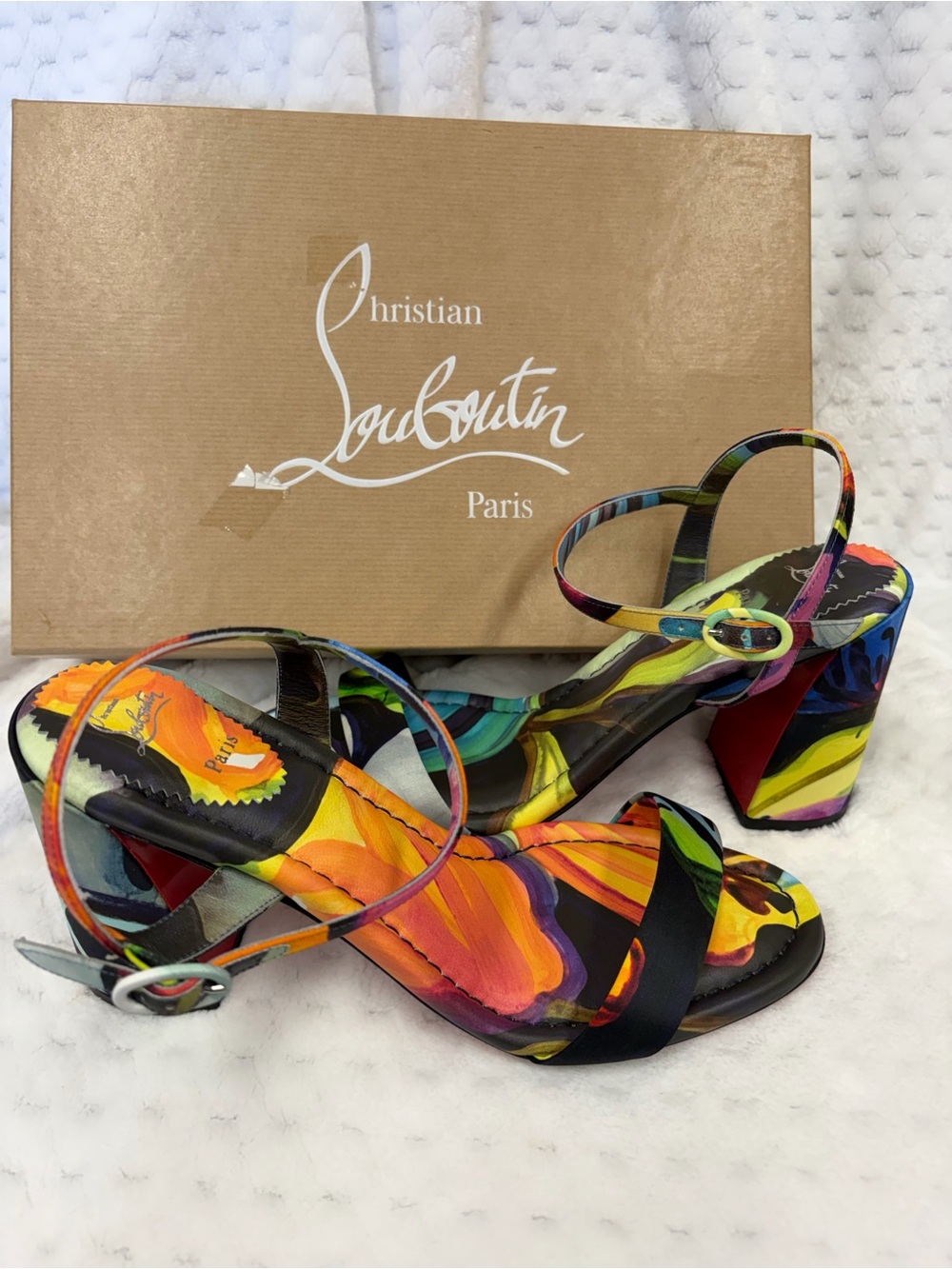 Christian Louboutin MISS JANE SANDAL FLORAL Block-Heel Sandals with Red Sole